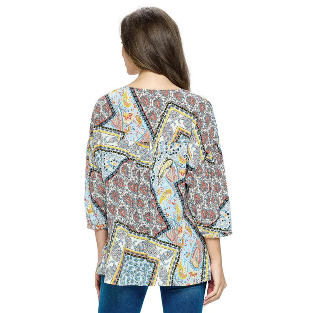 24419 B Yak & Yeti Blouse Patchwork Print Pattern Blue Multi Various Sizes - Picture 3 of 3